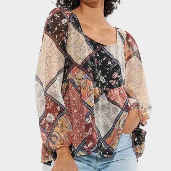 American Eagle Tops - American Eagle Womens Patchwork Floral Long Sleeve Boho Top L Polyester